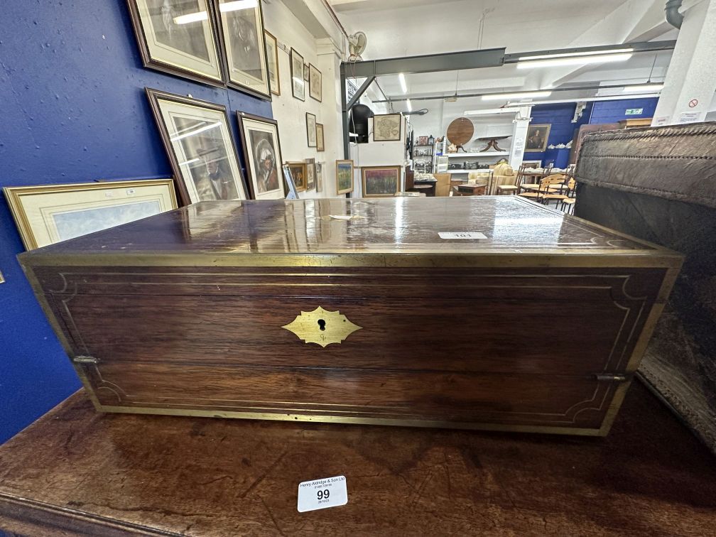 19th cent. Rosewood travelling writing box, ebonised and leather interior, secret drawers and