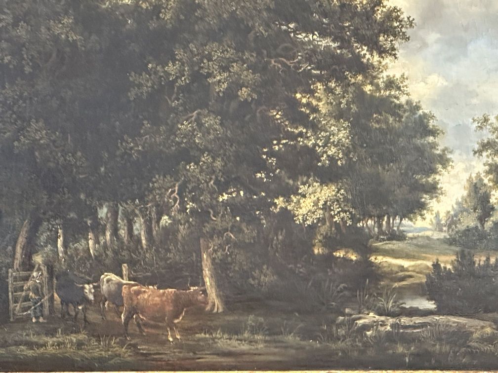 James Stark 1794-1859 Oil on canvas, relined, rural wooded landscape, herdsman and cattle - Image 2 of 2
