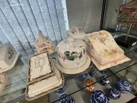 Collection of five large Staffordshire cheese dishes, various designs with floral decoration and