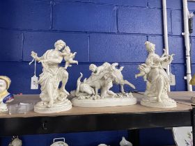Volkstadt Blanc de Chine classical figure groups, man, Putti, musical muse & Putti. Both 9½ins.