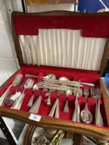 Elkington 77-piece silver plated flatware with plain pine handles in a canteen.