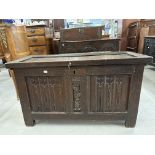 Late 18th cent. Oak Welsh coffer, carved panels to front and sides, integral candlebox.