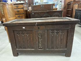 Late 18th cent. Oak Welsh coffer, carved panels to front and sides, integral candlebox.