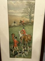 19th cent. Oilographs of a fox hunt in progress, framed and glazed. A pair. 21½ins. x 9ins. Plus a