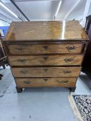 19th cent. Mahogany drop front bureau, four graduated drawers in fitted interior, brass furniture,