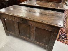 17th/18th cent. Oak six panel, plus ends, coffer, chip carved frame and plain panels, iron lock
