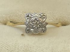 Jewellery: Yellow and white metal Art Deco ring, square shaped head set with an eight cut diamond.