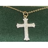 Jewellery: Ladies boxed 9ct gold and white stone Gothic cross, bayonet clasp necklace.