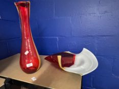 Large multicoloured glass vase and fruit bowl set, in reds, white, ambers and greys. Labelled