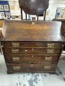 18th cent. Oak bureau, fall front, fitted interior over four drawers, on bracket supports.