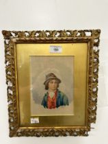 Watercolour, portrait of a young man wearing a hat, signed lower right G. Facciola. Giltwood