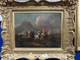 17th Cent Dutch School: Oil on canvas Battle Study, unsigned, mounted horsemen