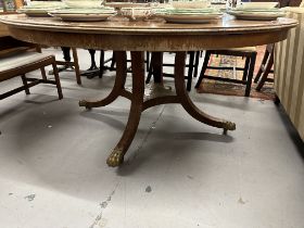 19th/20th cent. Mahogany circular dining table on splayed supports terminating in brass claw feet