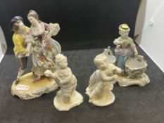 Continental Ceramics: Figurines - polychrome Popplesdorf salt, 5¼ins. Blanc de Chine cherubs