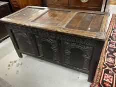 Late 18th/early 19th cent. Coffer, panels to the front, top and rear, with single panels to sides,