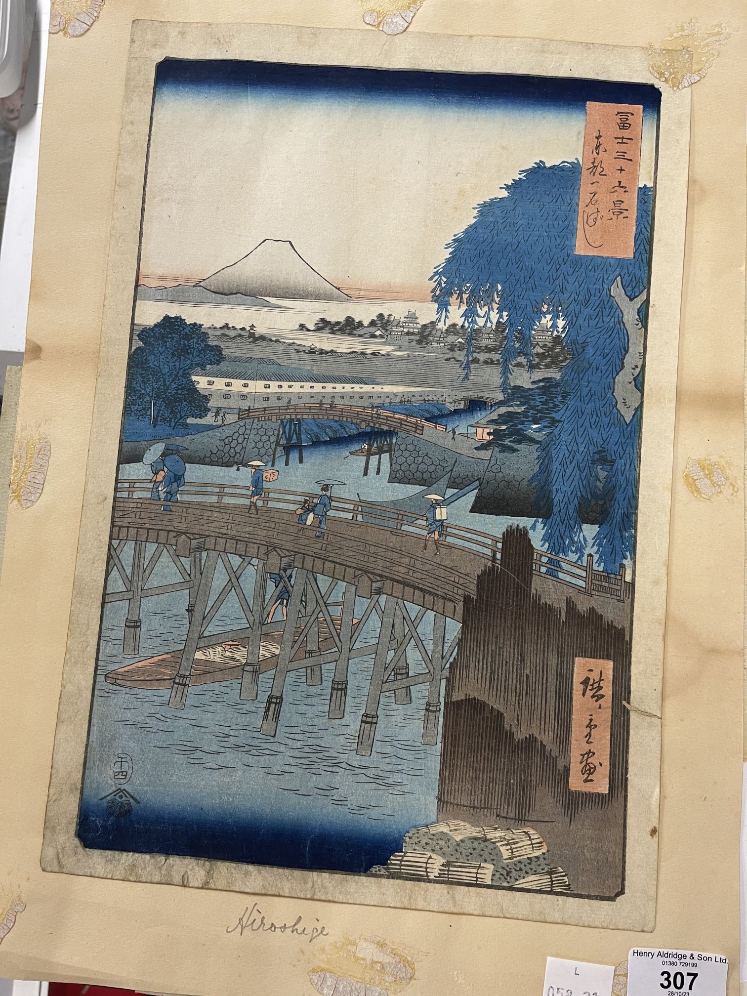 Utagowa Hiroshige, Ichikoku Bridge in the Eastern Capital, Mount Fuji in the distance. Some edge
