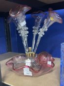 Epergne, clear glass blending into cranberry, four flutes with a central bulb vase, minus brass