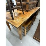 19th cent. Pine kitchen table with single drawer, four kitchen stools. 60ins. x 31ins.