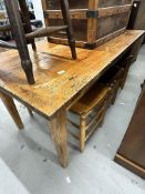 19th cent. Pine kitchen table with single drawer, four kitchen stools. 60ins. x 31ins.