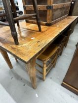 19th cent. Pine kitchen table with single drawer, four kitchen stools. 60ins. x 31ins.