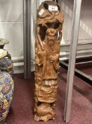 Oriental wood carving Immortal figure with phoenix and dragon, unsigned. Height 21ins.