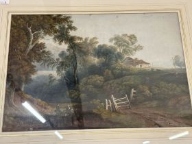 19th cent British School. Watercolour County Track in Wooded Lake" landscape. Approx. 12ins. x 17½.