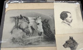 M.U. Kimer three horses drinking at a pool, a black, a grey and a bay, charcoal on paper, signed and