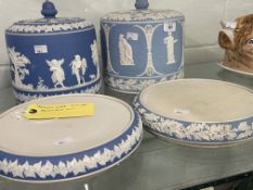 Samual Lear, bright blue slip Stilton cheese stands with white bas-relief classical figures. Dia.