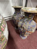 Oriental: Dragon handled vases decorated with court scenes and stylised floral patterns in enamels,