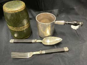Silver: 19th cent. Part campaign picnic set - comprising cup with turned treen handle,