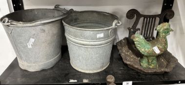 Late 19th/early 20th cent. Galvanised buckets x 2, cast iron boot scraper in the form of a lyre