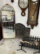 19th/20th cent. Cast iron armorial fire back, wrought iron fire basket and 20th cent. Hall mirror