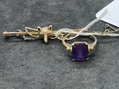 Jewellery: Yellow metal jewellery, one ring set with a rectangular cut amethyst, est weight 3.5ct