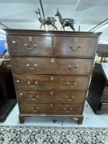 19th cent. Mahogany staircut chest of 2 short and 4 long drawers, on bracket supports.