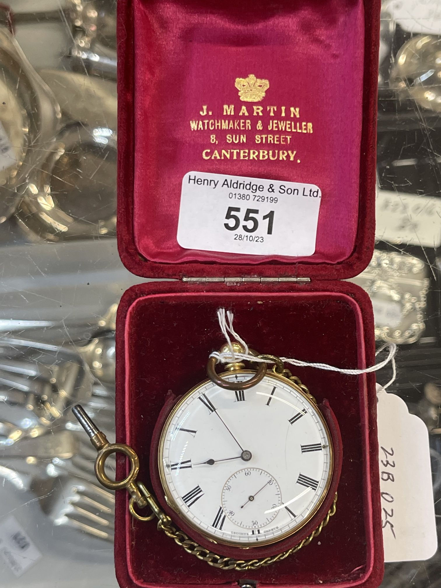 Watches: Gentleman's LeComte cylinder gold cased pocket watch No. 3065, white dial - Image 2 of 5