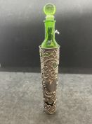 Hallmarked Silver: Emerald green glass perfume flask with stopper. Birmingham 1900.