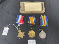 Medals: WWI trio 1914-15 Star, Victory medal, War medal with ribbons and paperwork. Awarded to M2 -