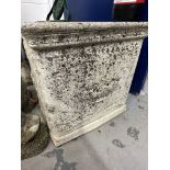 Gardenalia: Reconstituted stone square planter decorated on all four sides. Pleasantly weathered.