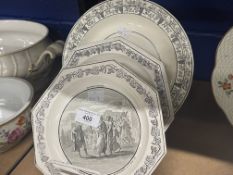 Late 18th/early 19th cent. French creamware plates, one Creil and printed with Magius rebuking the