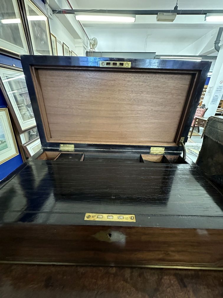 19th cent. Rosewood travelling writing box, ebonised and leather interior, secret drawers and - Image 2 of 3