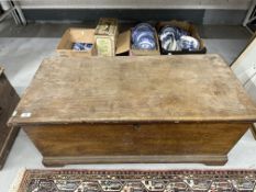19th cent. Pine blanket box with candle compartment, iron handles, and bracket feet. 40ins. x 19ins.