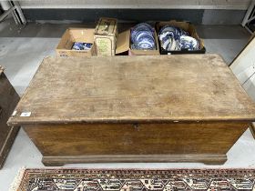 19th cent. Pine blanket box with candle compartment, iron handles, and bracket feet. 40ins. x 19ins.