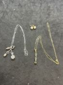 9ct gold jewellery, two necklets, pair of cultured pearl earrings. Total weight 5.8g.