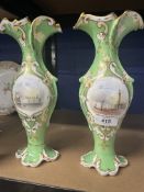 Coalport style views green and gold glazed vases, one depicting the Houses of Parliament A/F, the
