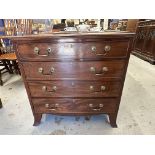 19th cent. Mahogany chest of four graduated cockbeaded drawers of small proportions with swan neck