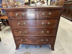 19th cent. Mahogany chest of four graduated cockbeaded drawers of small proportions with swan neck