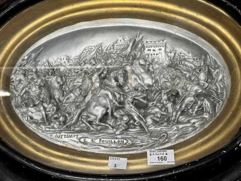 19th cent. Silvered chalk plaque of a medieval scene incised Justin M (Justin Mathieu 1796-1864)