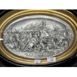 19th cent. Silvered chalk plaque of a medieval scene incised Justin M (Justin Mathieu 1796-1864)