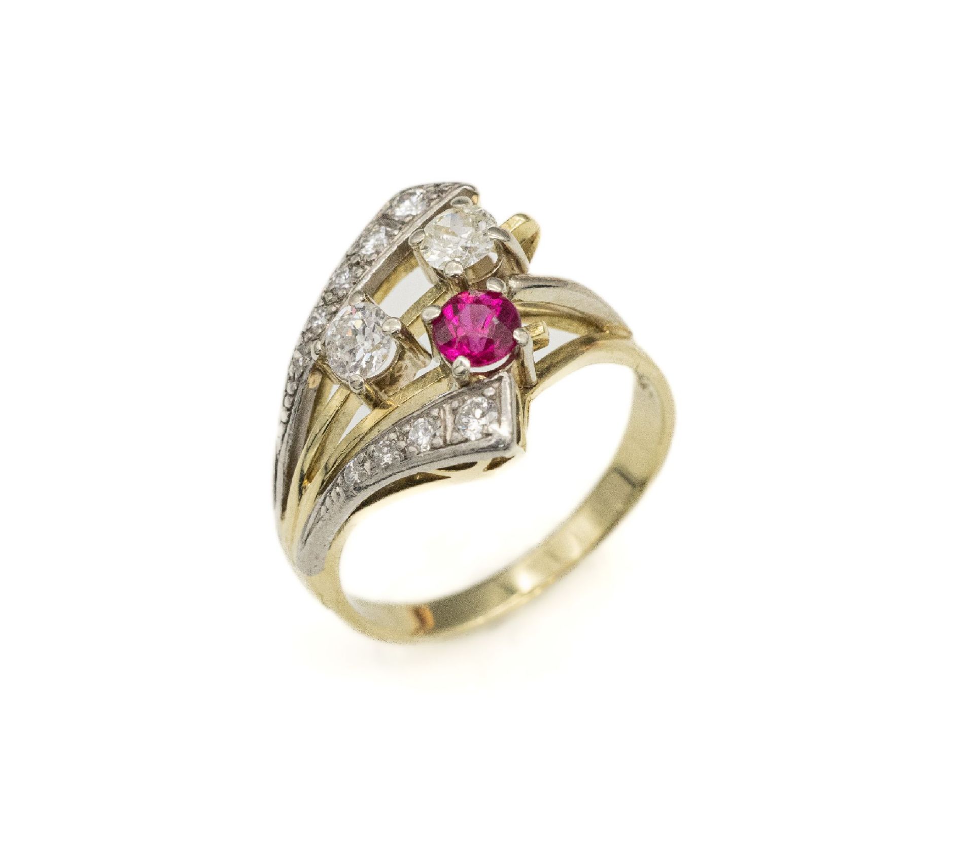 14 kt Gold Diamant-Ring, GG/WG 585/000, 1950er Jahre, 1