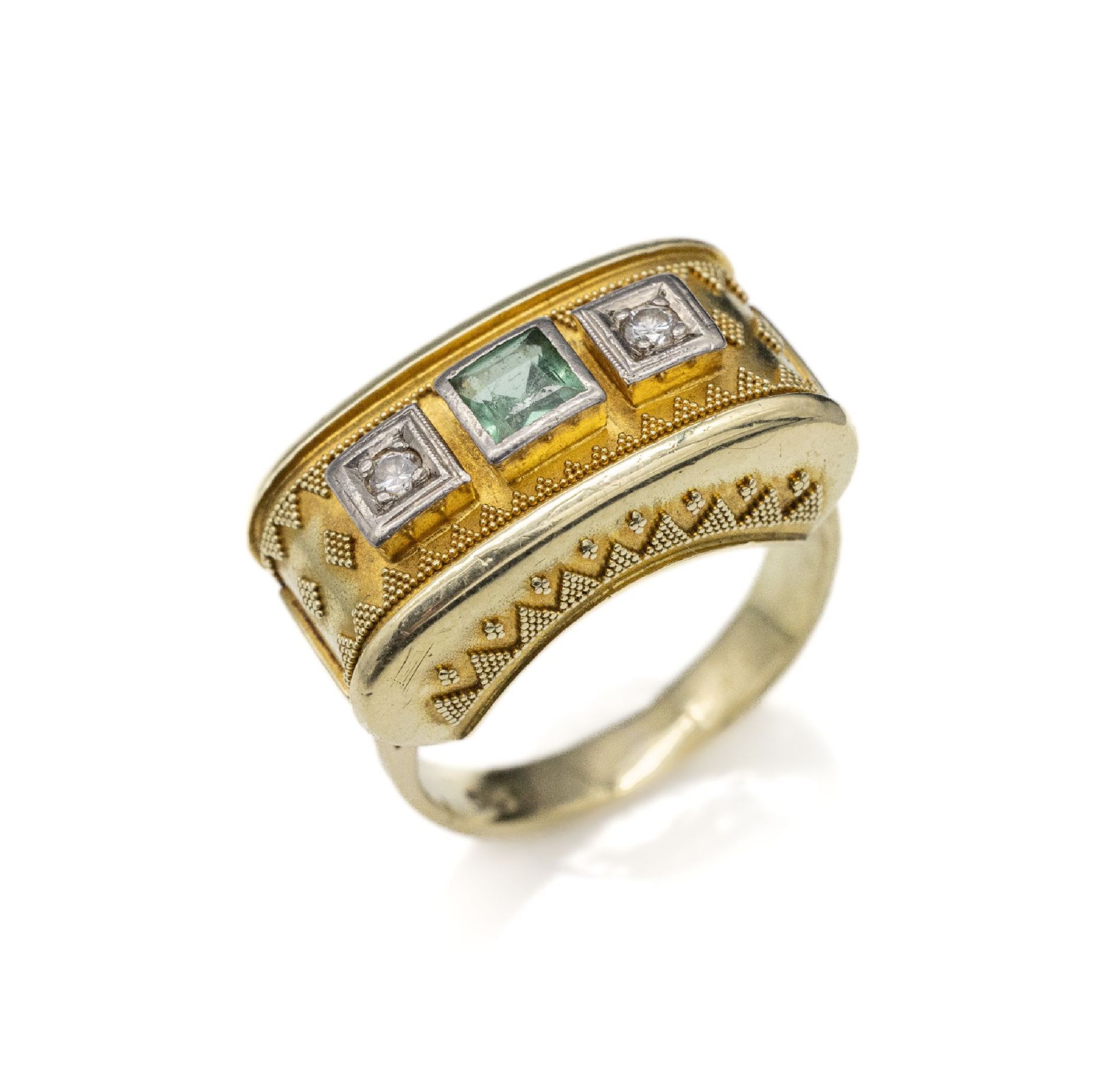14 kt Gold Diamant-Farbstein-Ring, 1950er Jahre   GG/WG